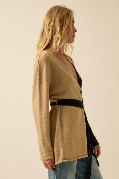 Promise the Label Colorblock Belted Cardigan