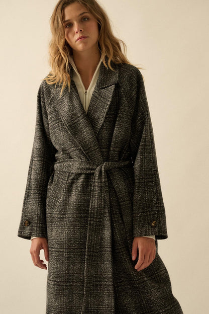 Check Point Plaid Tweed Belted Trench Coat