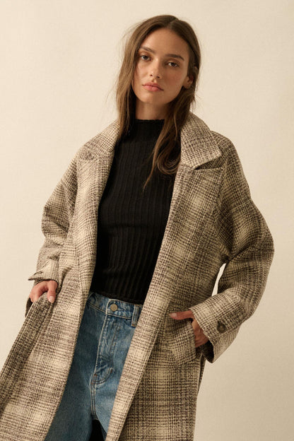 Check Point Plaid Tweed Belted Trench Coat