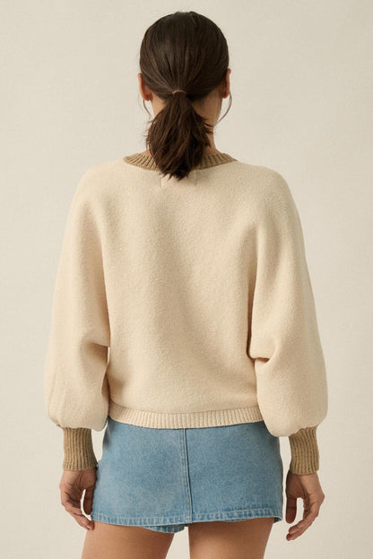 Ready or Not Contrast Knit Bubble-Sleeve Cardigan