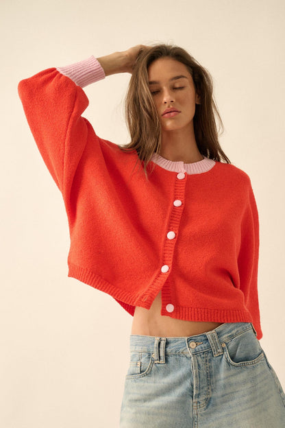 Ready or Not Contrast Knit Bubble-Sleeve Cardigan