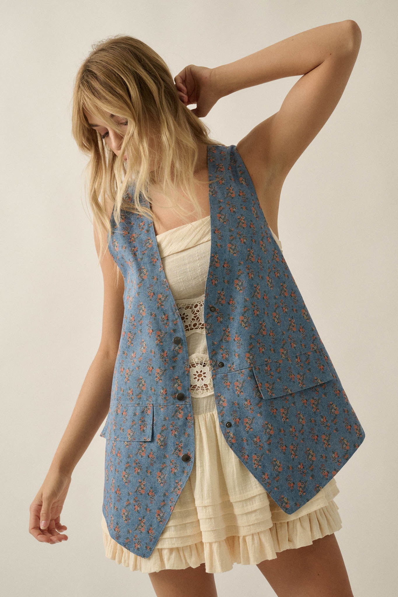 Denim Petals Floral-Print Denim Snap-Front Vest