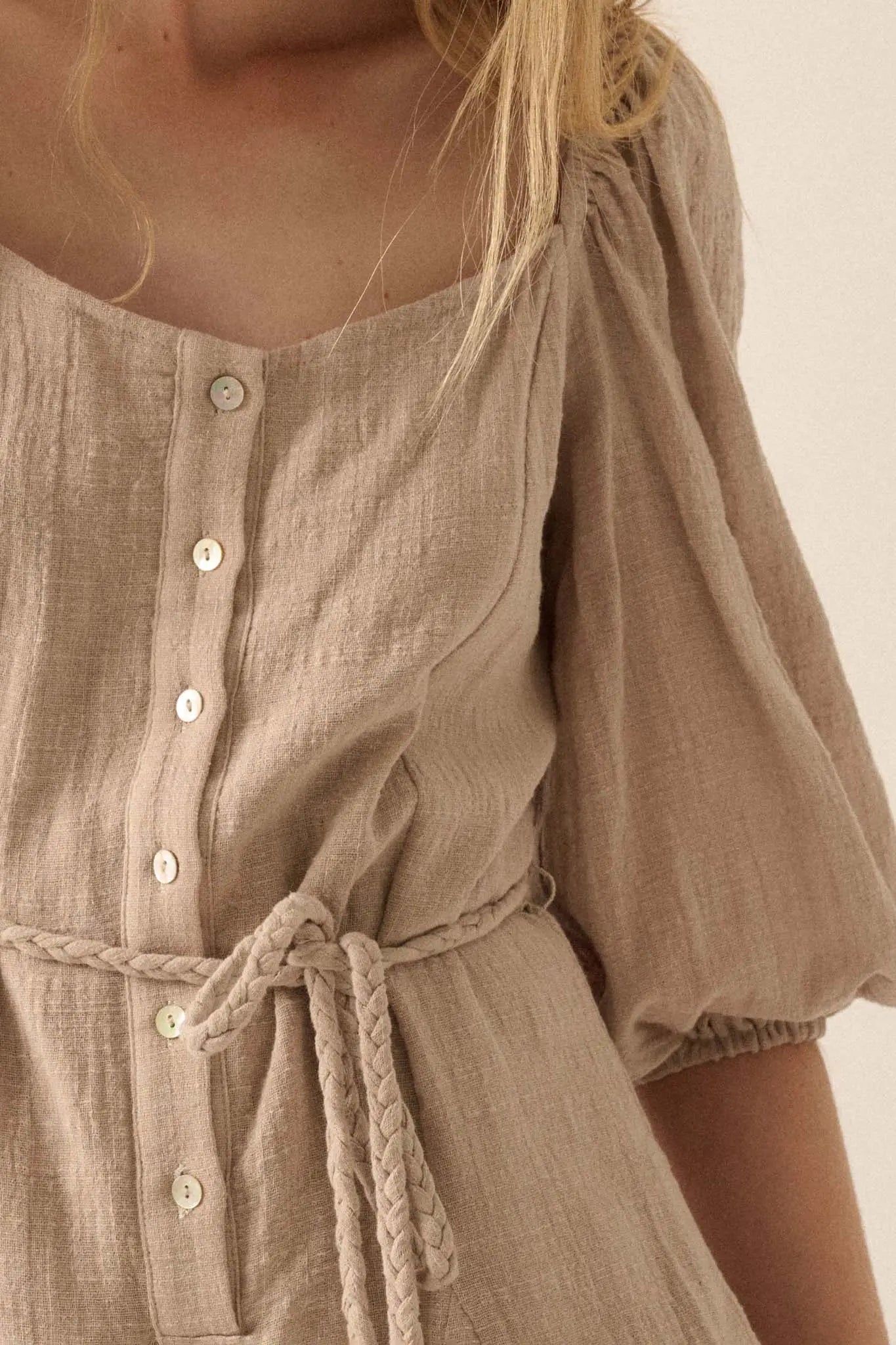 Refreshing Breeze Belted Puff-Sleeve Romper