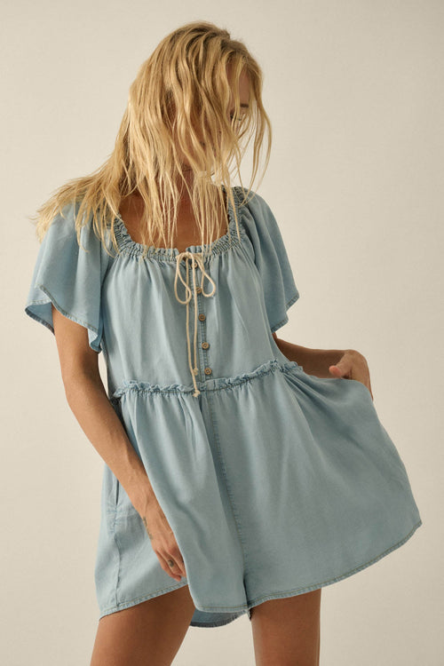 Skies Above Denim Tie-Neck Flutter-Sleeve Romper