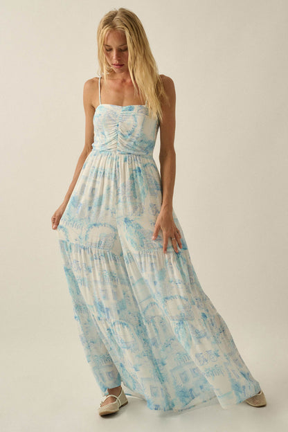 Beautiful View Toile Wide-Leg Tiered Jumpsuit