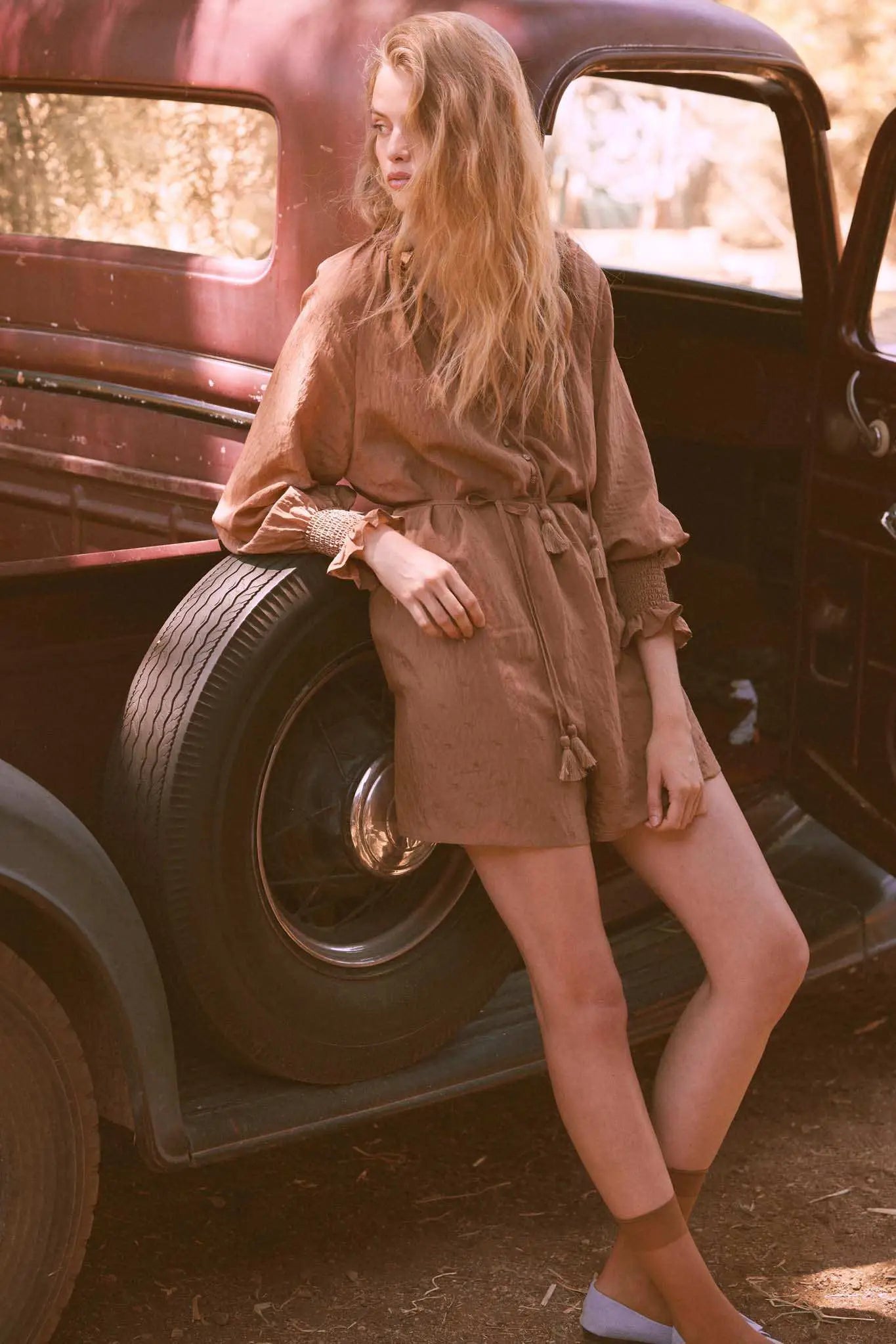 Poetic Heart Jacquard Peasant-Sleeve Belted Romper