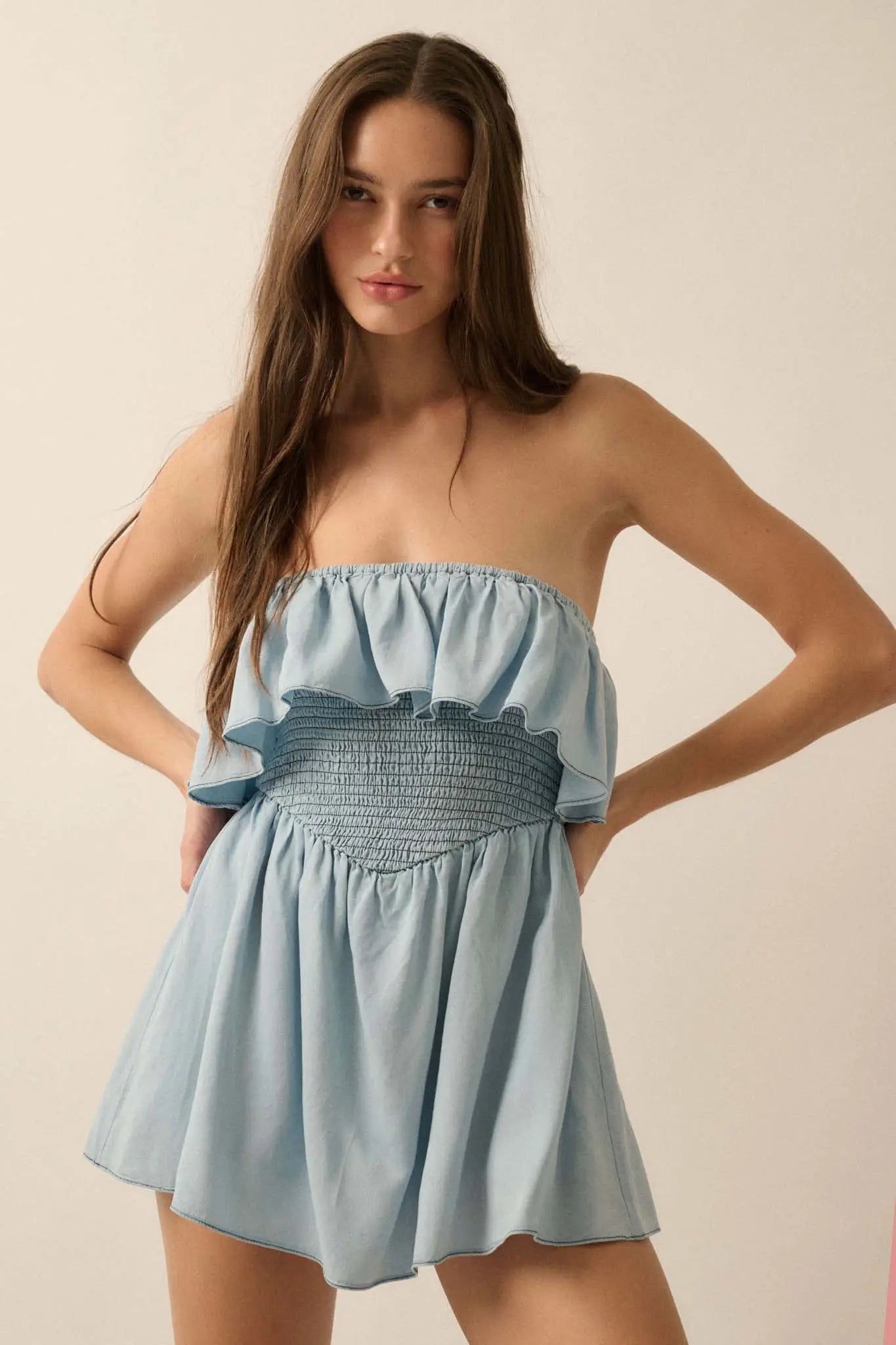 Blue Zone Denim Strapless Flounce Romper
