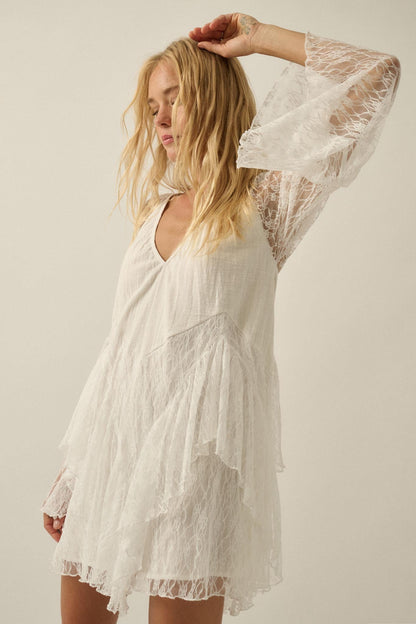 Morning Whisper Ruffled Lace Bell-Sleeve Romper