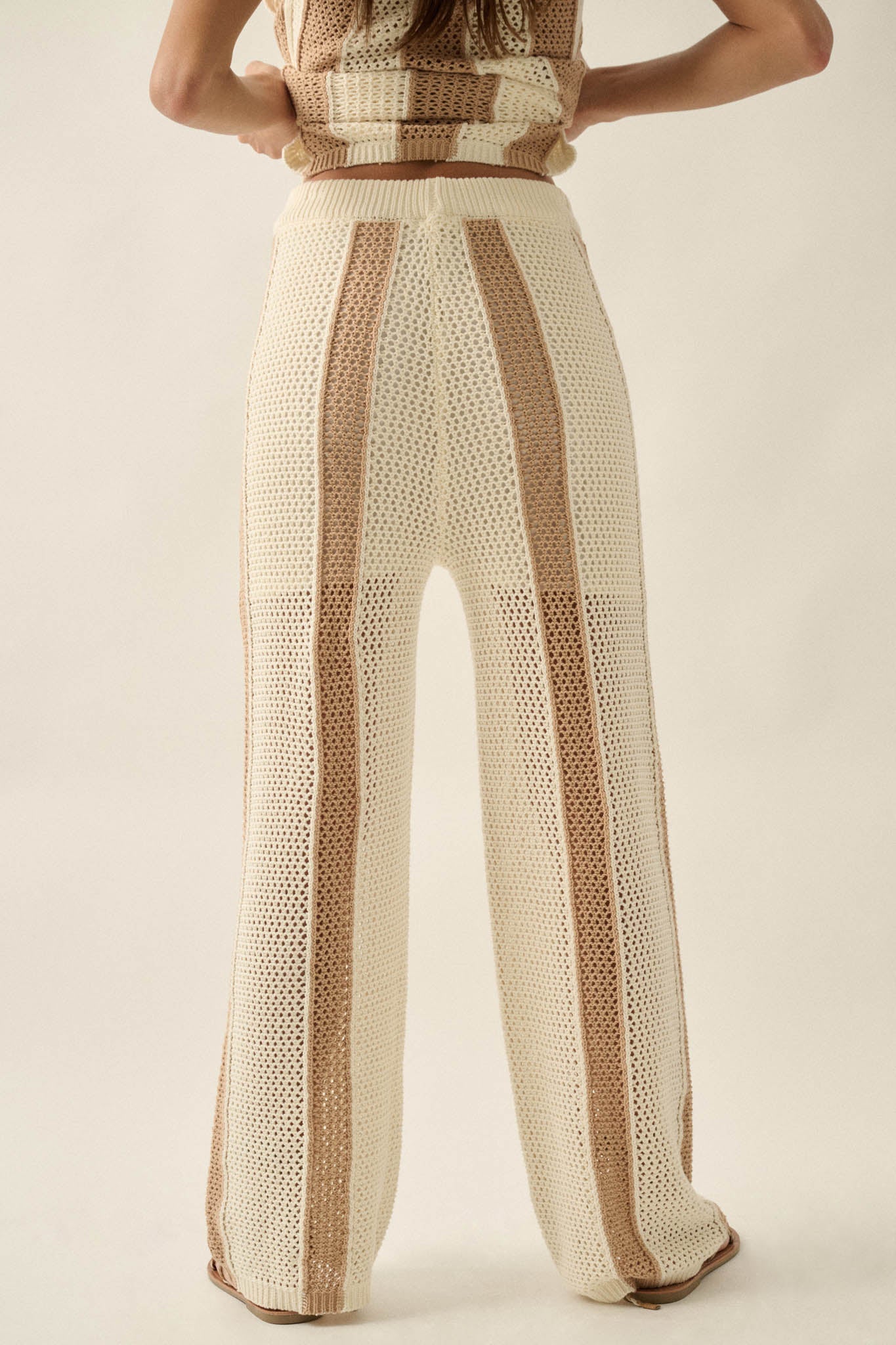 See You Soon Striped Crochet-Knit Sweater Pants