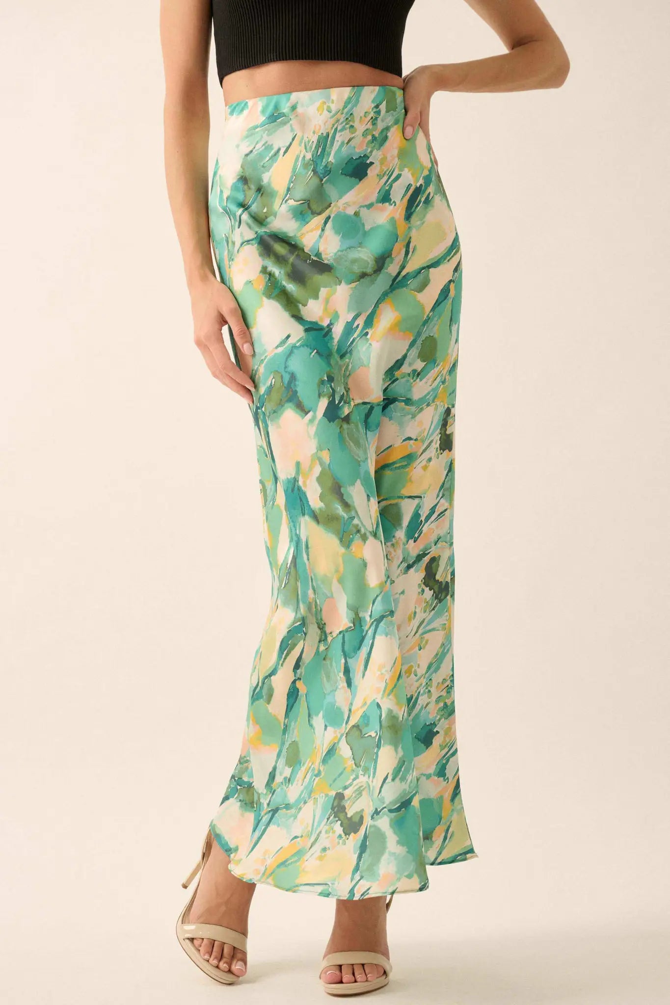 Dream Weaver Abstract-Print Satin Maxi Skirt
