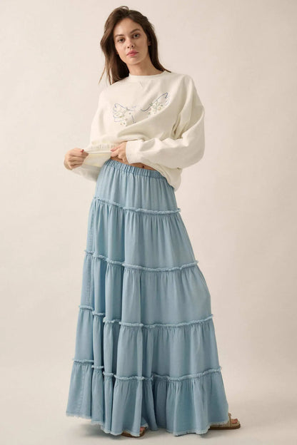 Feeling Blue Denim Raw-Edge Tiered Maxi Skirt