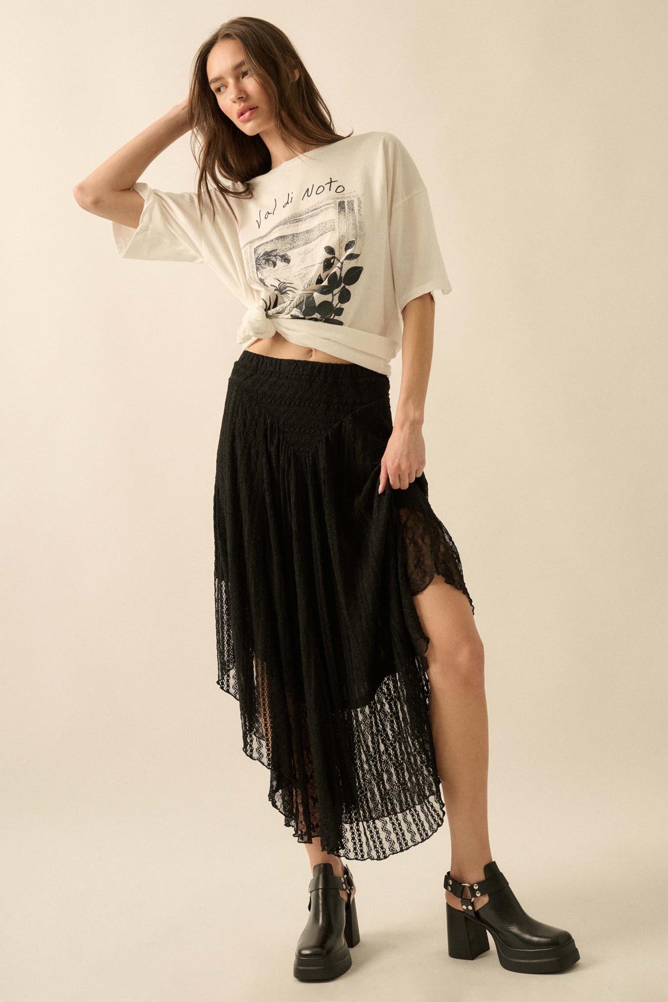 Just Divine Lace Drop-Waist Handkerchief Midi Skirt