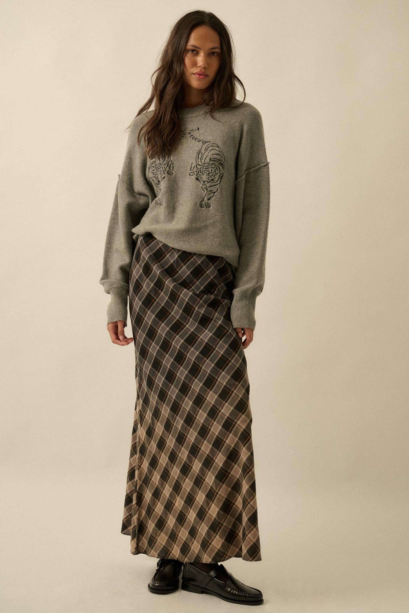 Modern Tartan Bias-Cut Plaid Maxi Skirt