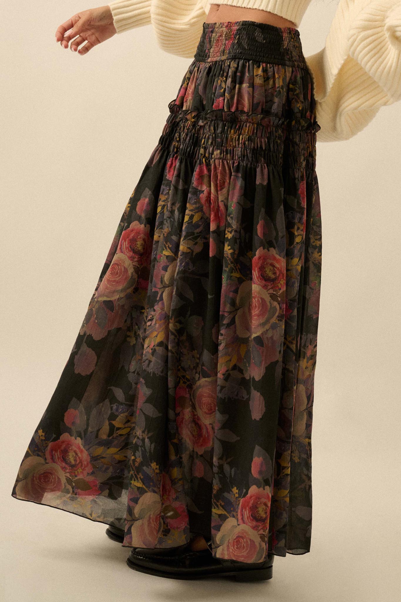 Garden Ramble Smocked Floral Chiffon Maxi Skirt