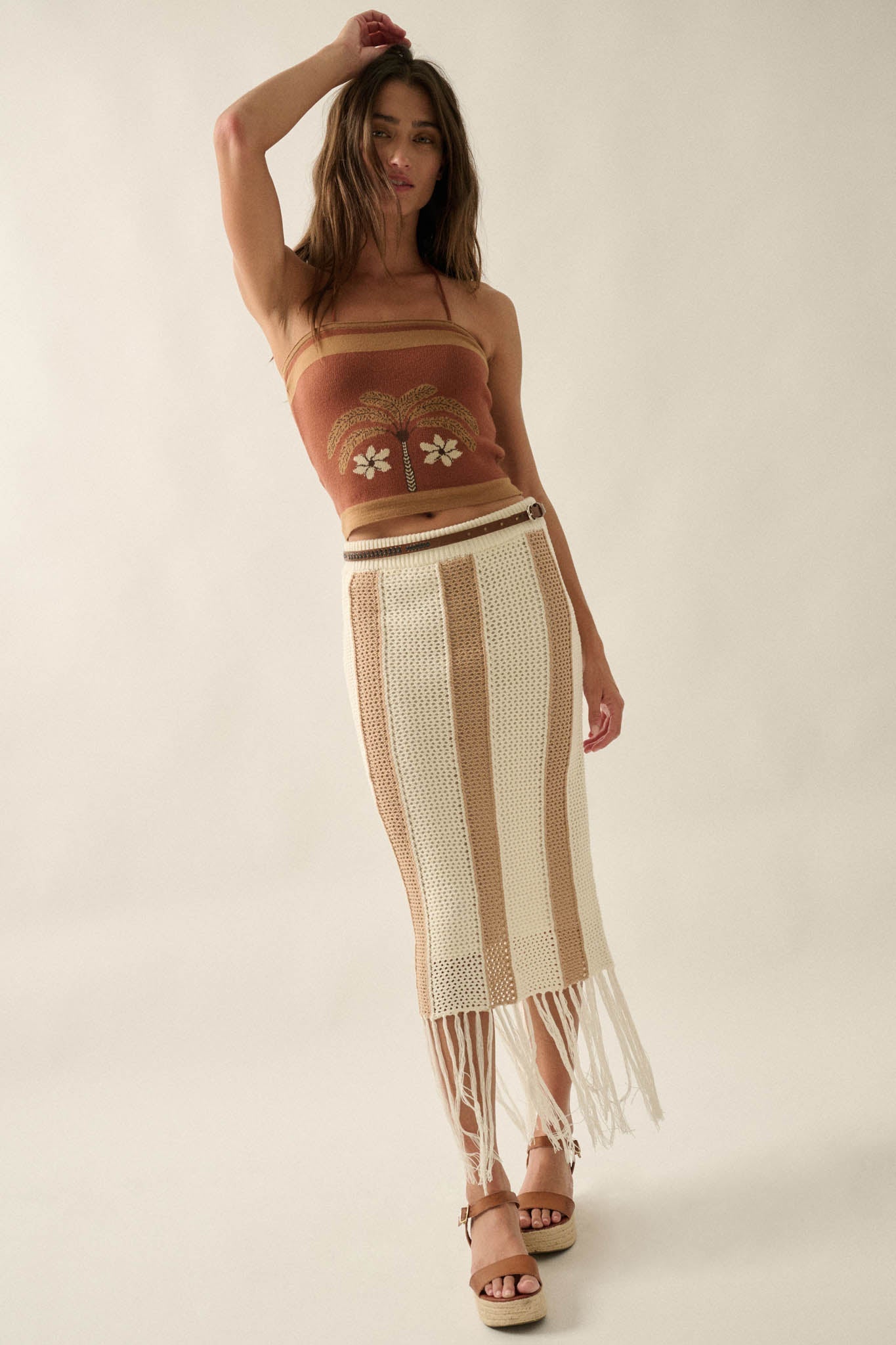 Someday Soon Striped Crochet-Knit Fringe Midi Skirt