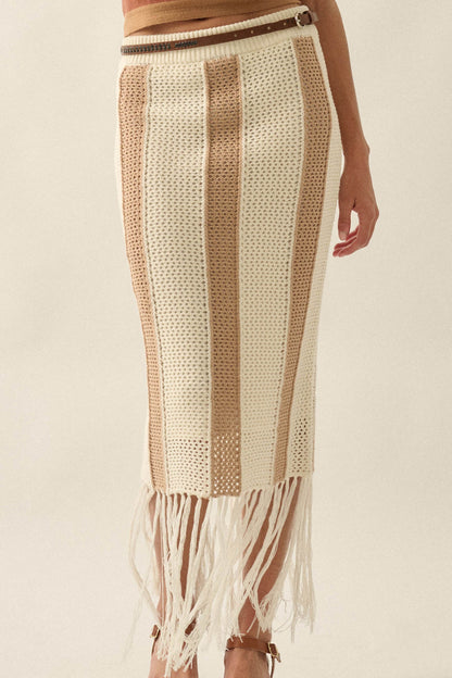 Someday Soon Striped Crochet-Knit Fringe Midi Skirt