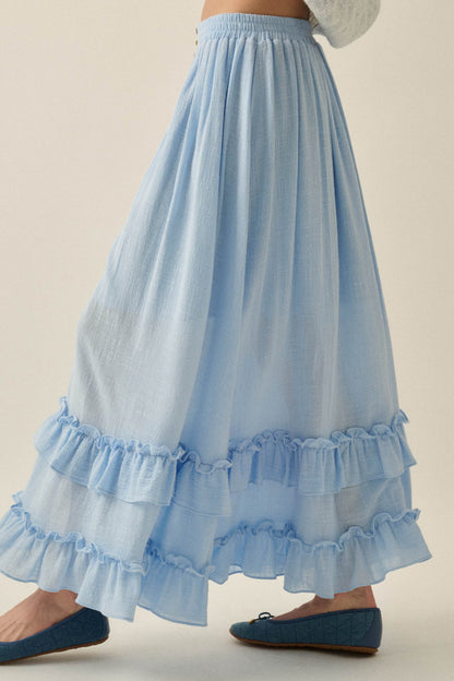 Breezy Day Cotton Gauze Button Ruffle Maxi Skirt