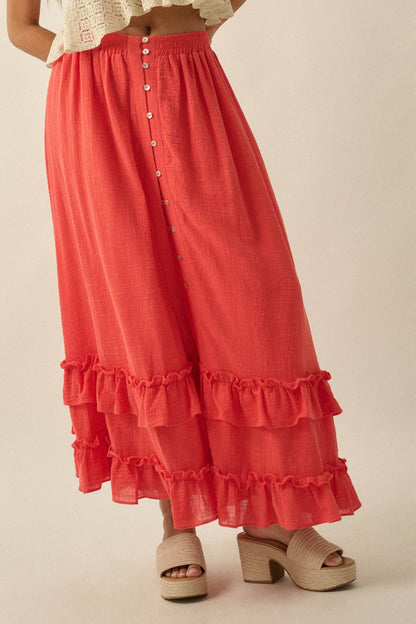 Breezy Day Cotton Gauze Button Ruffle Maxi Skirt