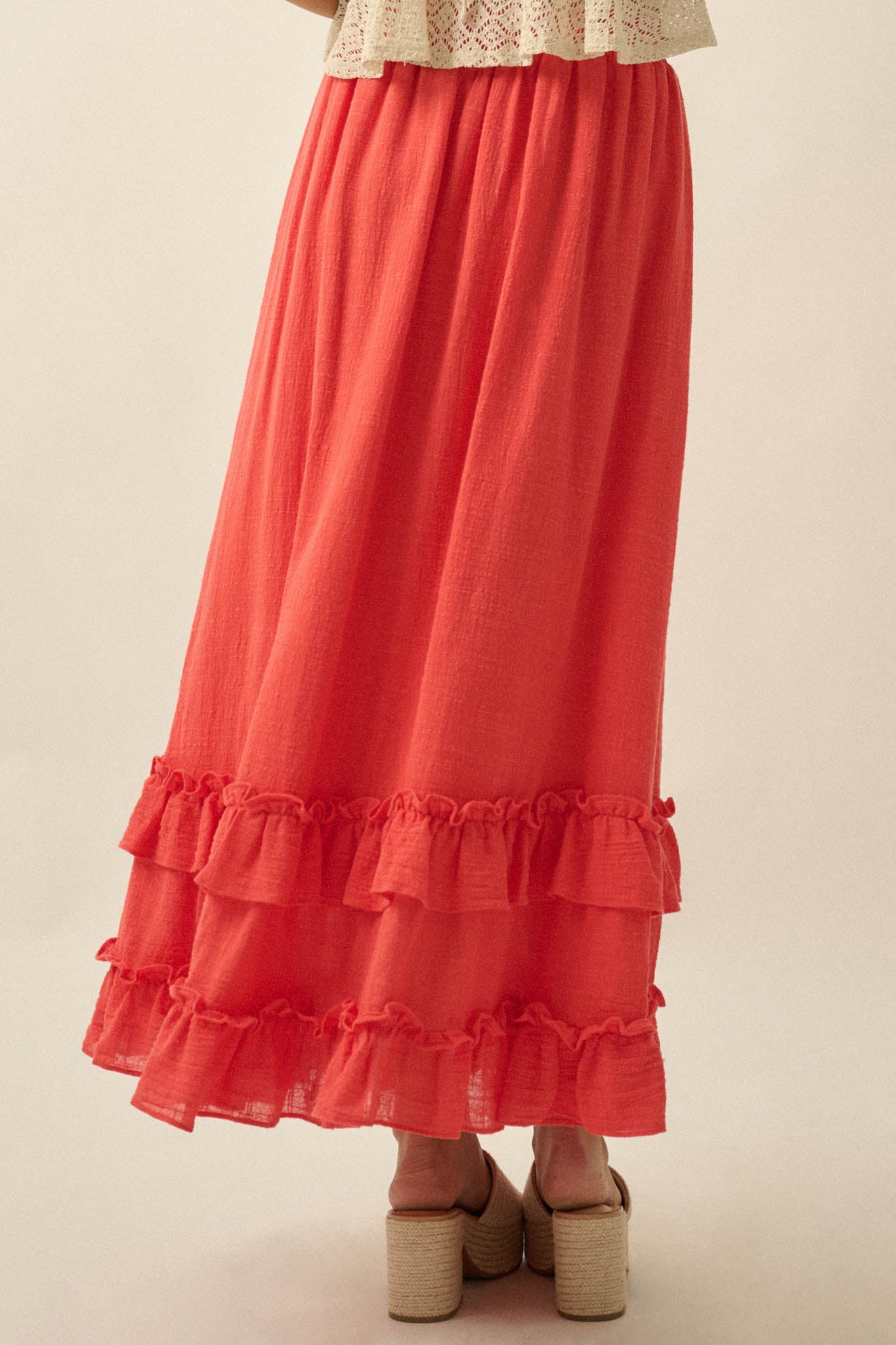Breezy Day Cotton Gauze Button Ruffle Maxi Skirt