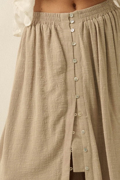 Breezy Day Cotton Gauze Button Ruffle Maxi Skirt