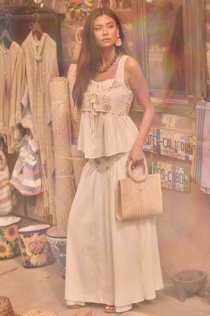 Meadow Song Floral-Embroidered Drop-Waist Maxi Skirt