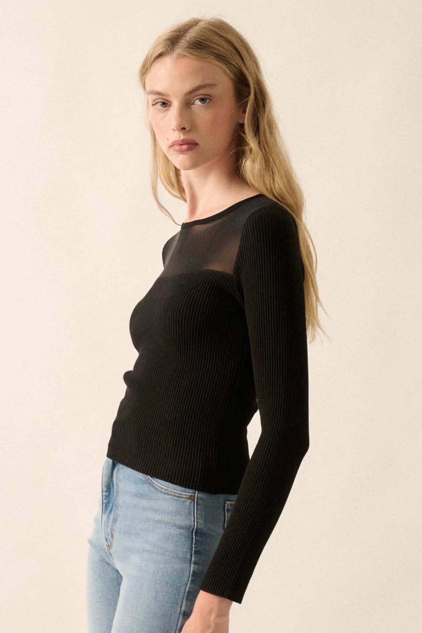 Shaper Fit Mesh Yoke Ribbed Knit Top