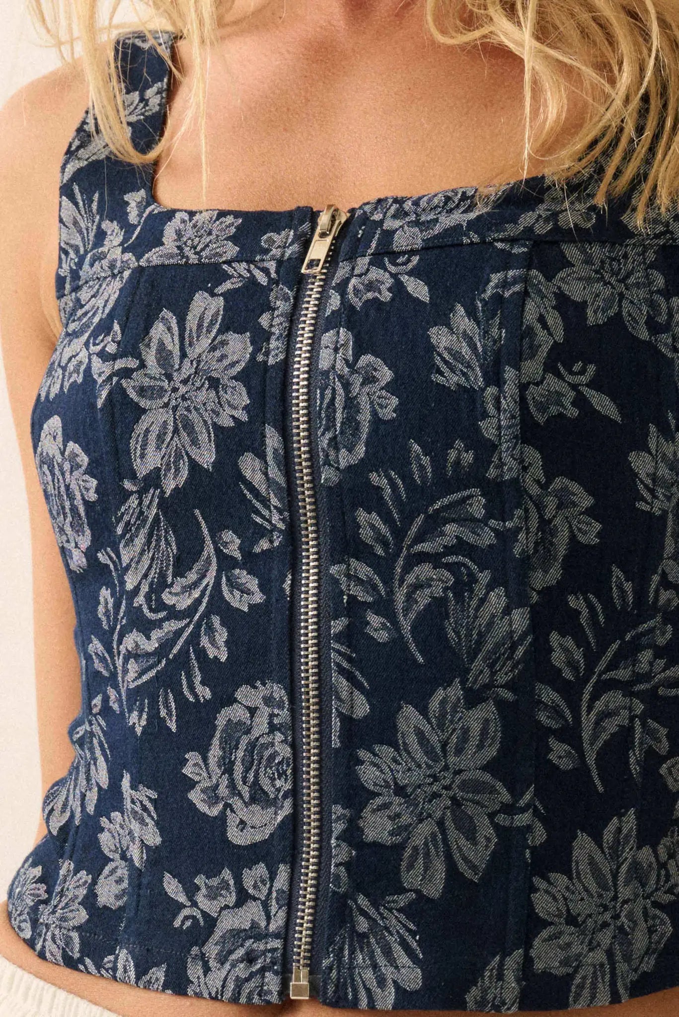 Burst of Blue Floral Jacquard Denim Corset Top