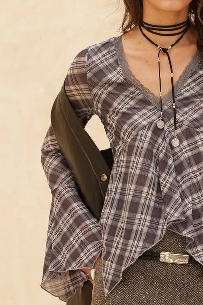 Check You Out Plaid Bell-Sleeve Handkerchief Top