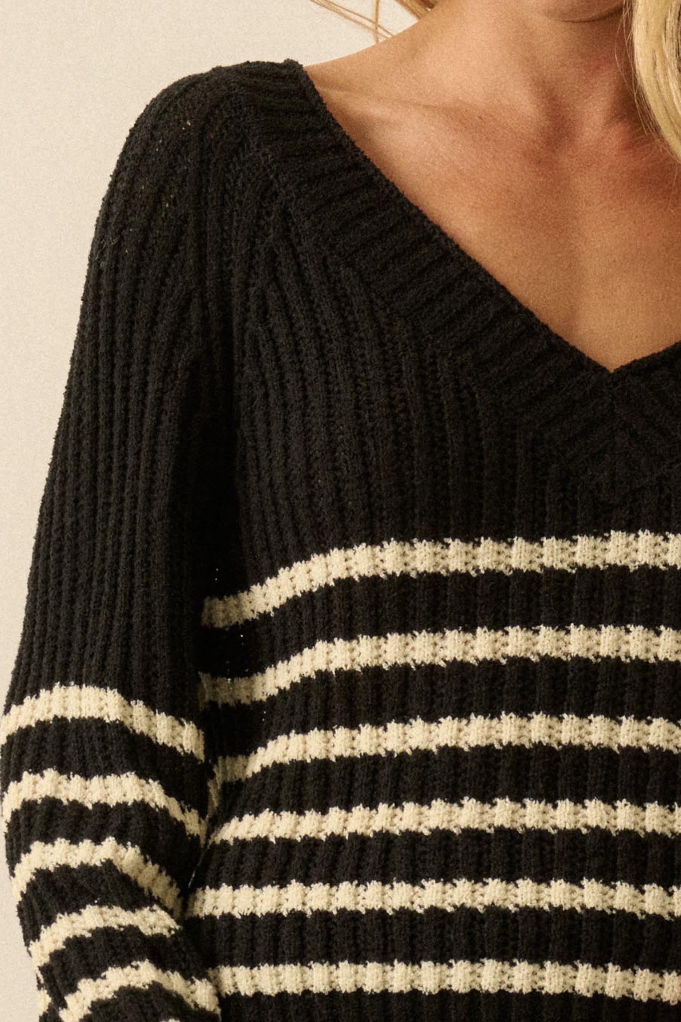 Promise the Label Striped Rib-Knit V-Neck Sweater