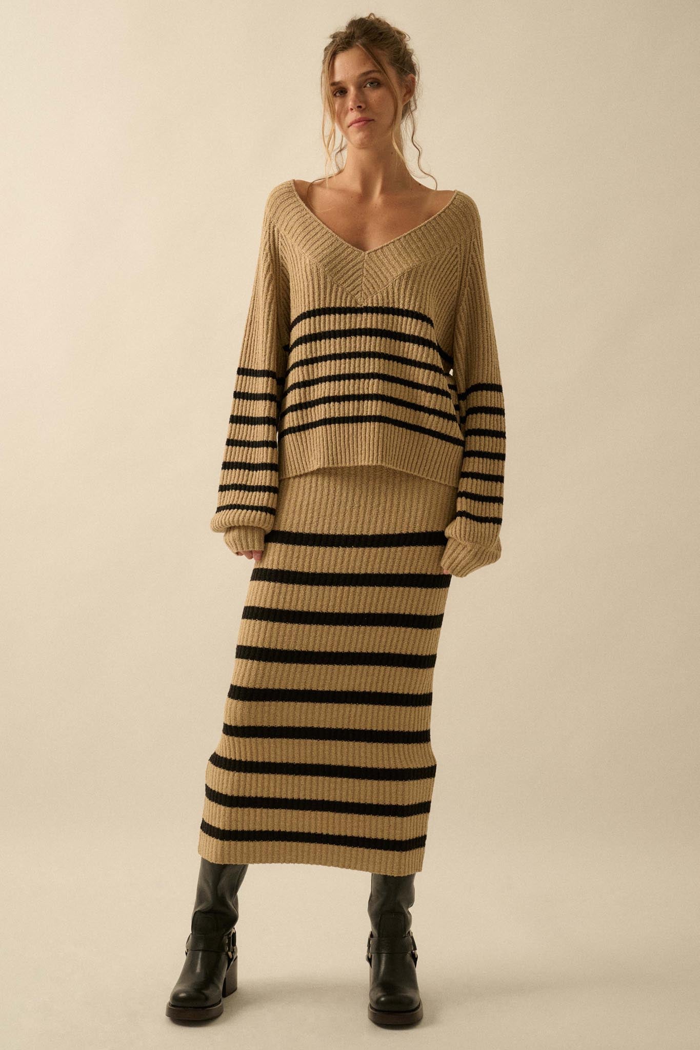 Promise the Label Striped Rib-Knit V-Neck Sweater