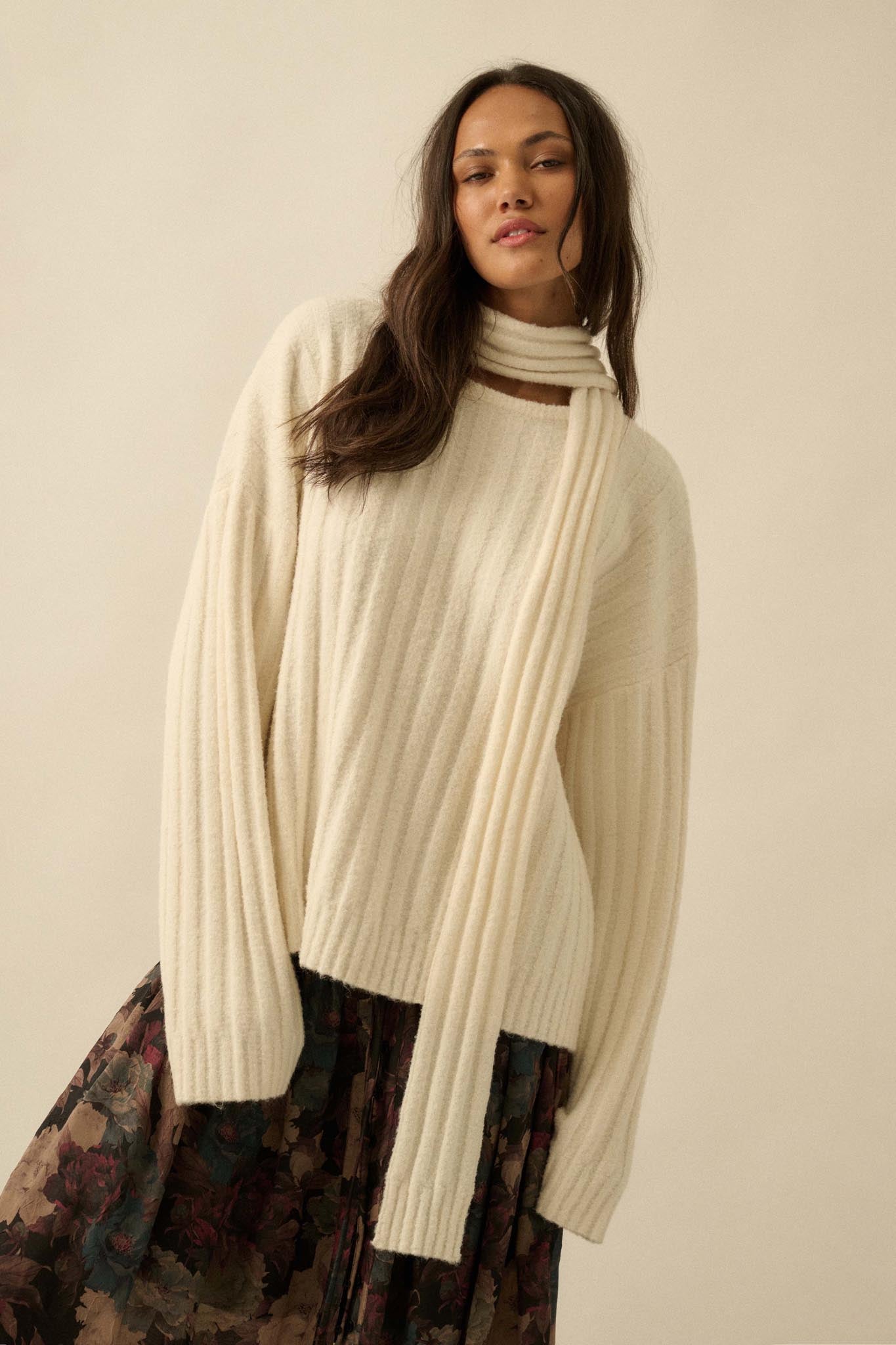 Keep Your Cool Textured Ribbed Knit Scarf Sweater