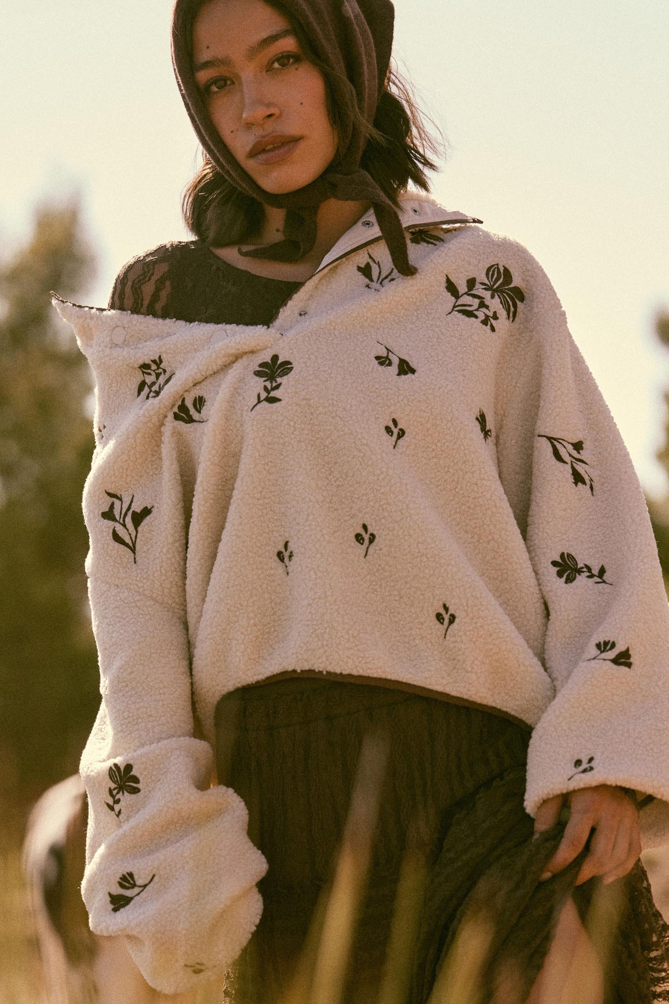 Plush Posies Floral-Embroidered Fleece Pullover