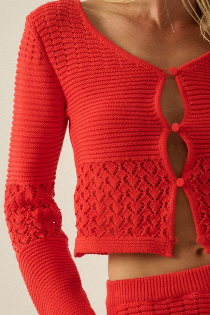 Nothing Less Pointelle Rib-Knit Cropped Cardigan