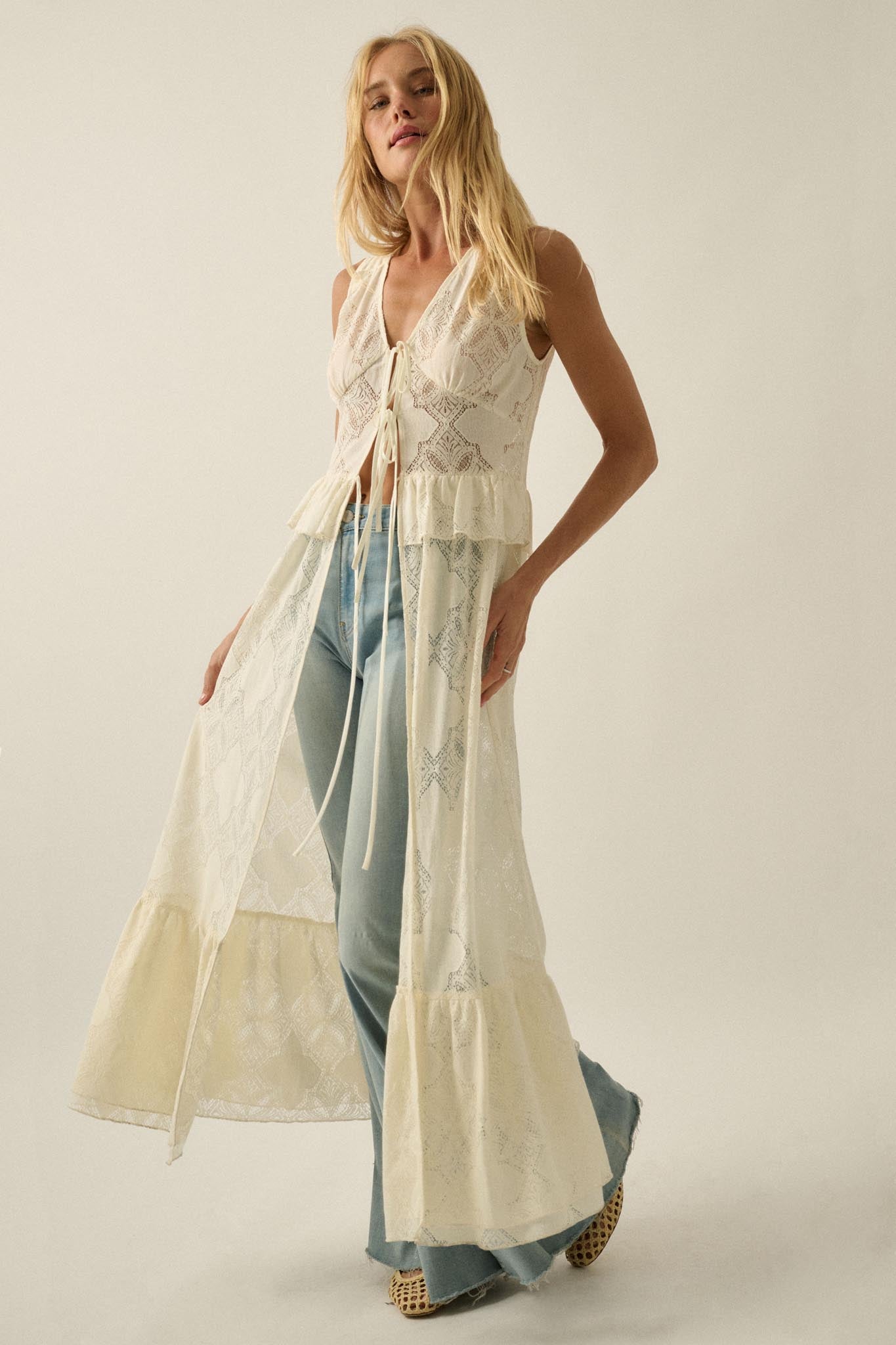 Fly Me Away Sheer Lace Tie-Front Maxi Top