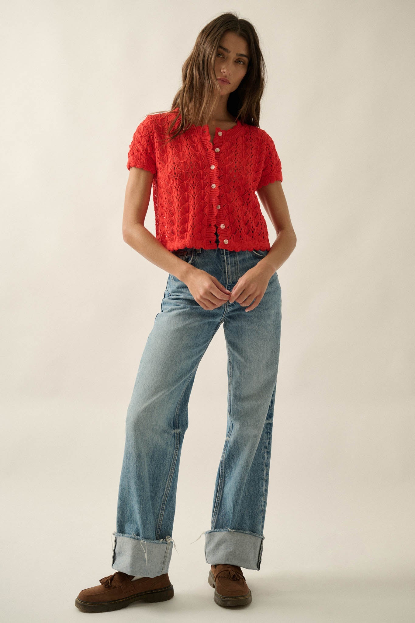 Something More Pointelle-Knit Short-Sleeve Cardigan