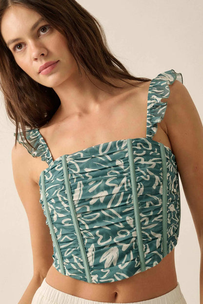 Abstract Blooms Floral-Print Mesh Corset Cami Top