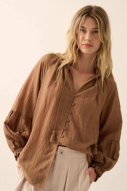 Poetic Soul Buttoned Jacquard Tie-Neck Peasant Top