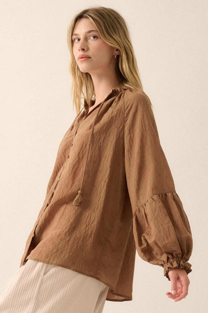 Poetic Soul Buttoned Jacquard Tie-Neck Peasant Top