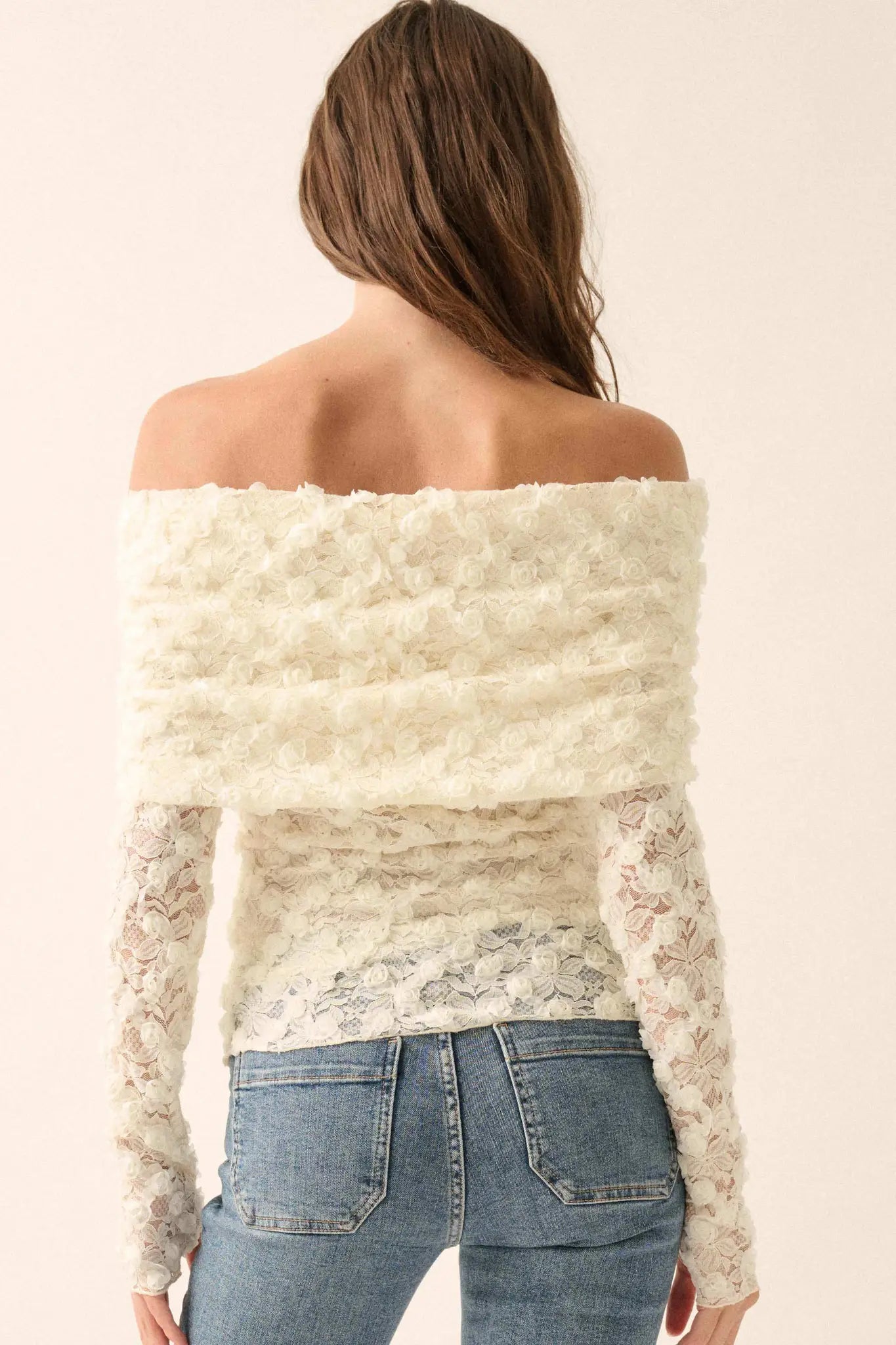 Good Graces Floral Lace Off-Shoulder Thumbhole Top