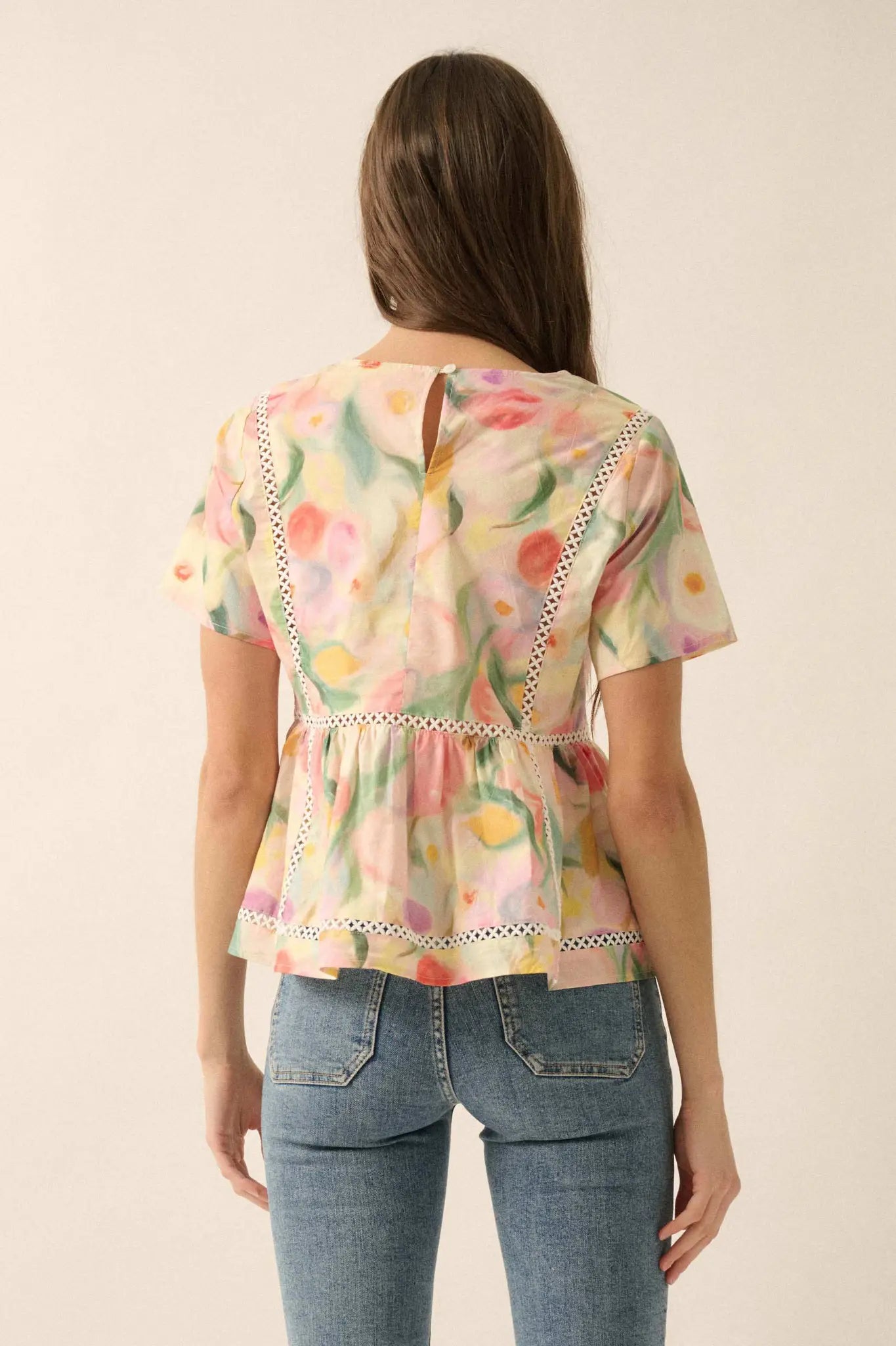 Graceful Blossoms Lace-Trim Floral Babydoll Top