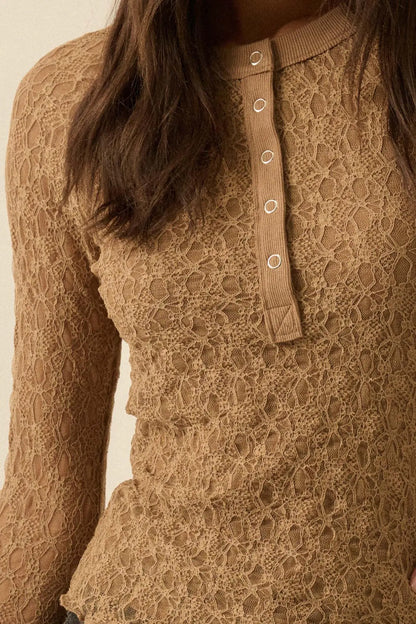 Casual Grace Floral Lace Raglan Henley Top