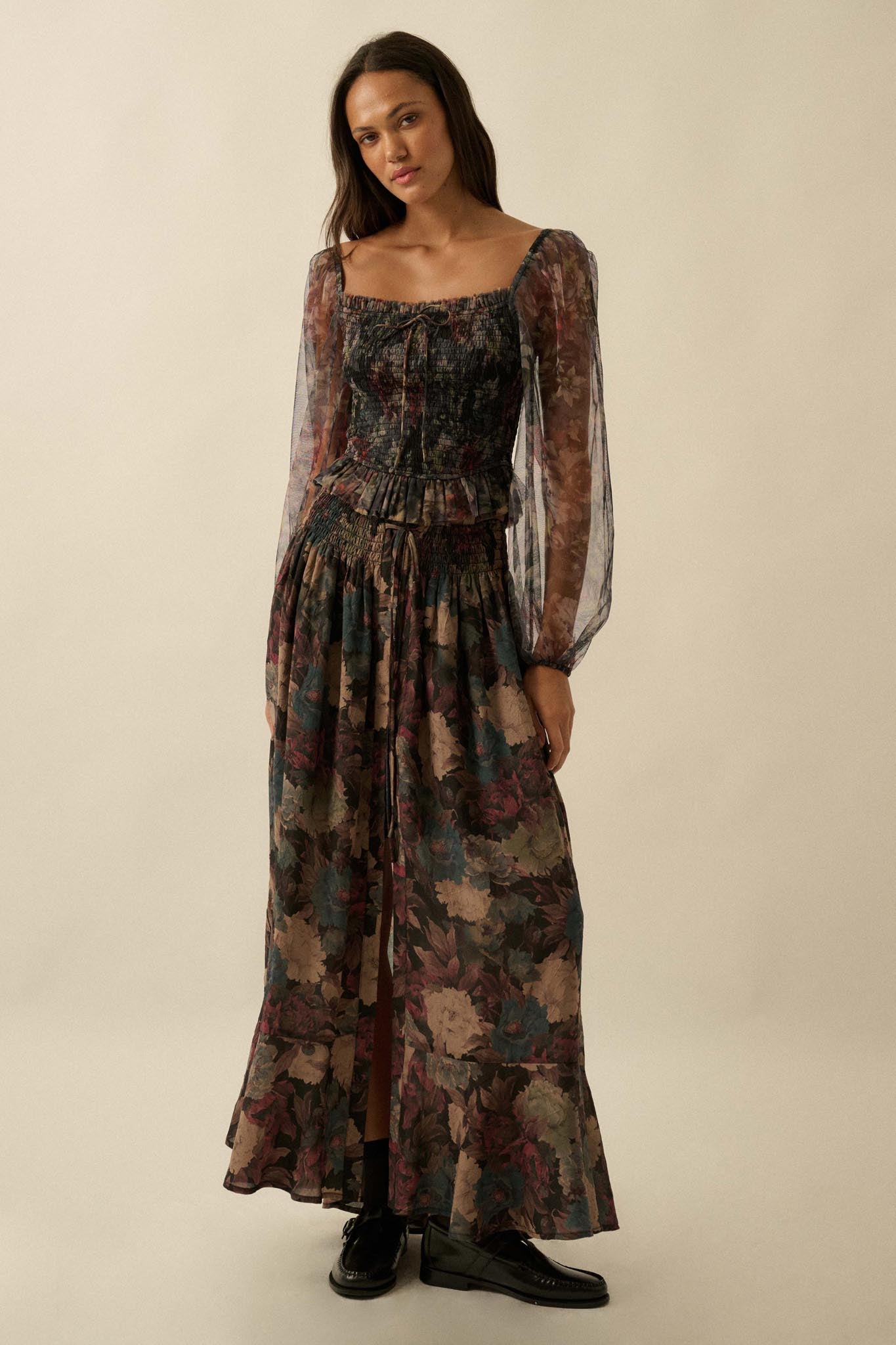 Bohemian Bliss Smocked Floral Tulle Peasant Top