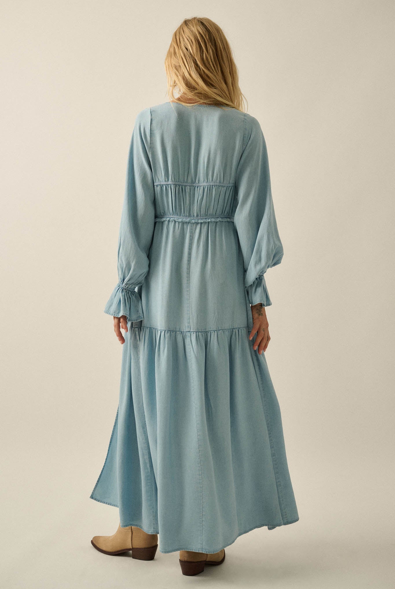 Sky Dancer Denim Tie-Front Poet-Sleeve Maxi Top