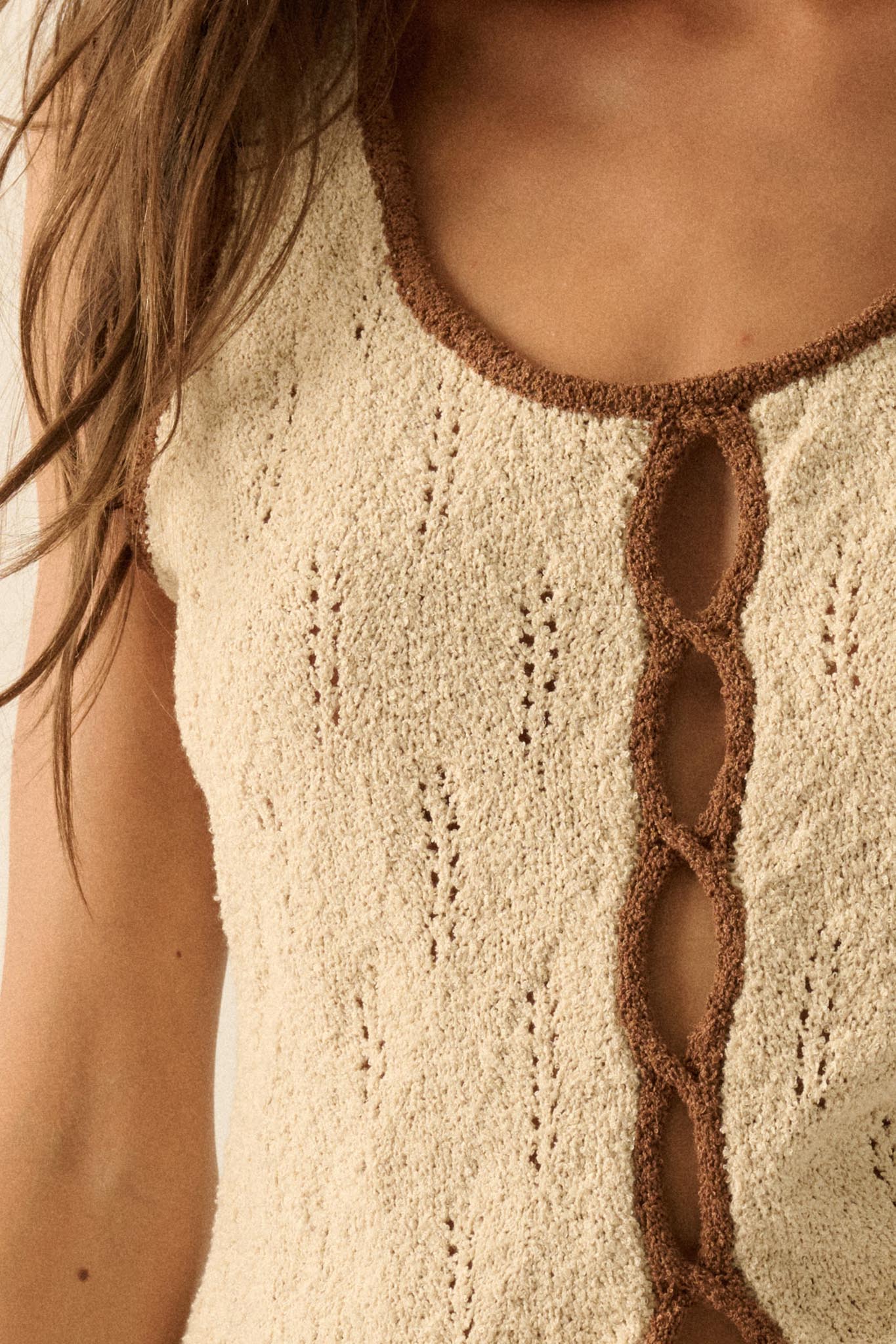 Say So Pointelle Contrast Keyhole Sweater Tank Top