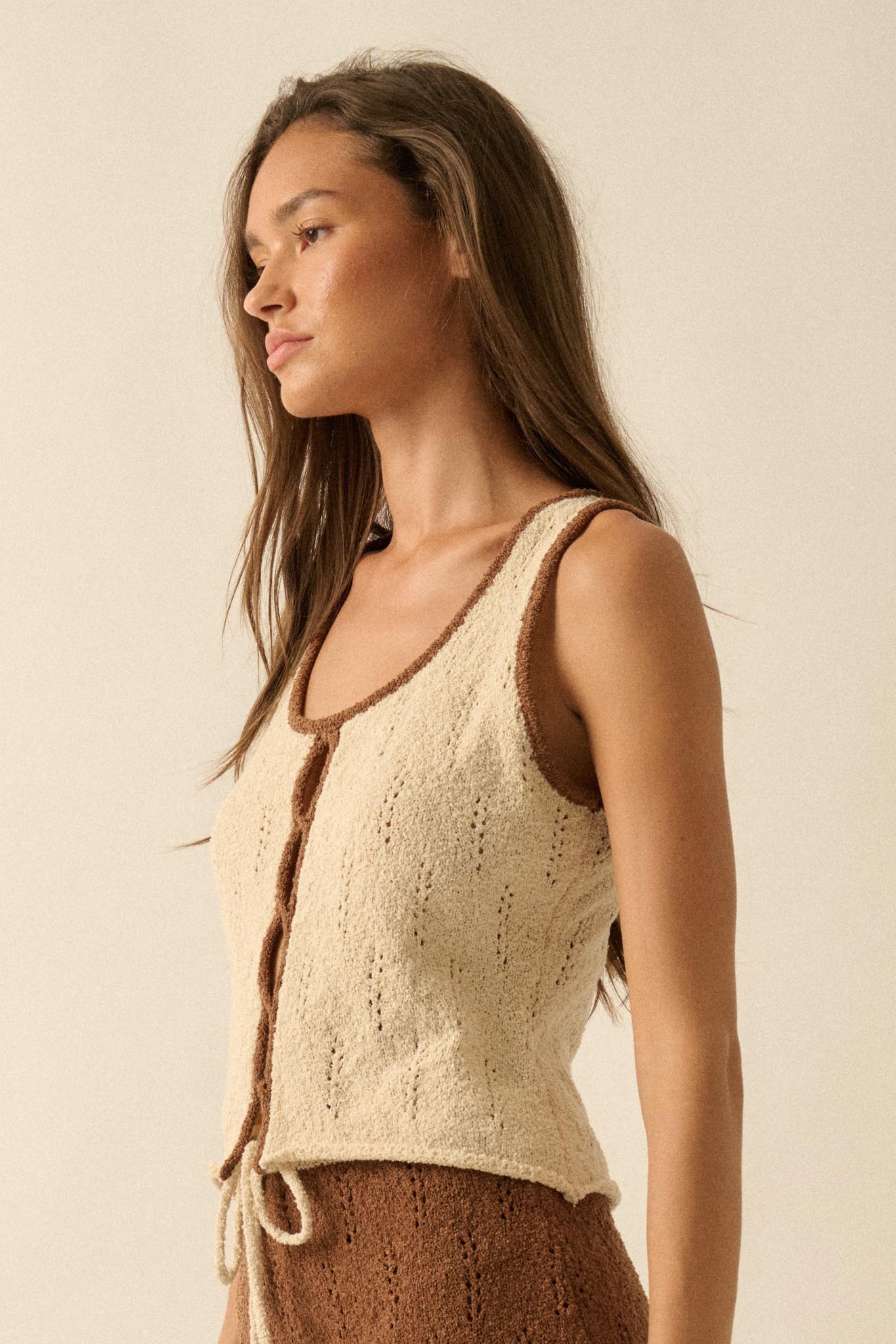 Say So Pointelle Contrast Keyhole Sweater Tank Top