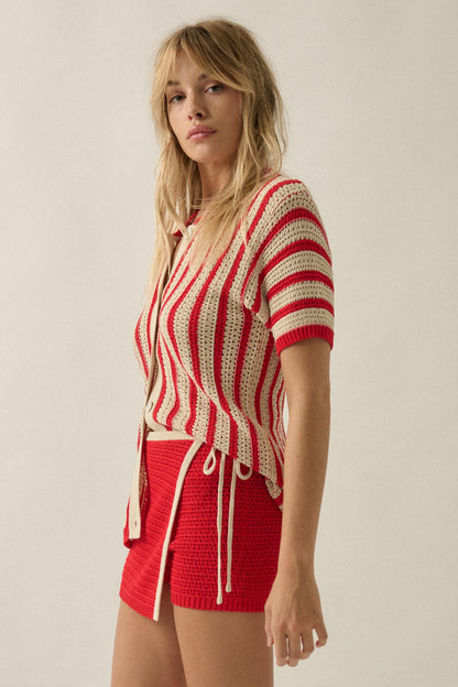 Day in the Sun Striped Crochet-Knit Camp Shirt