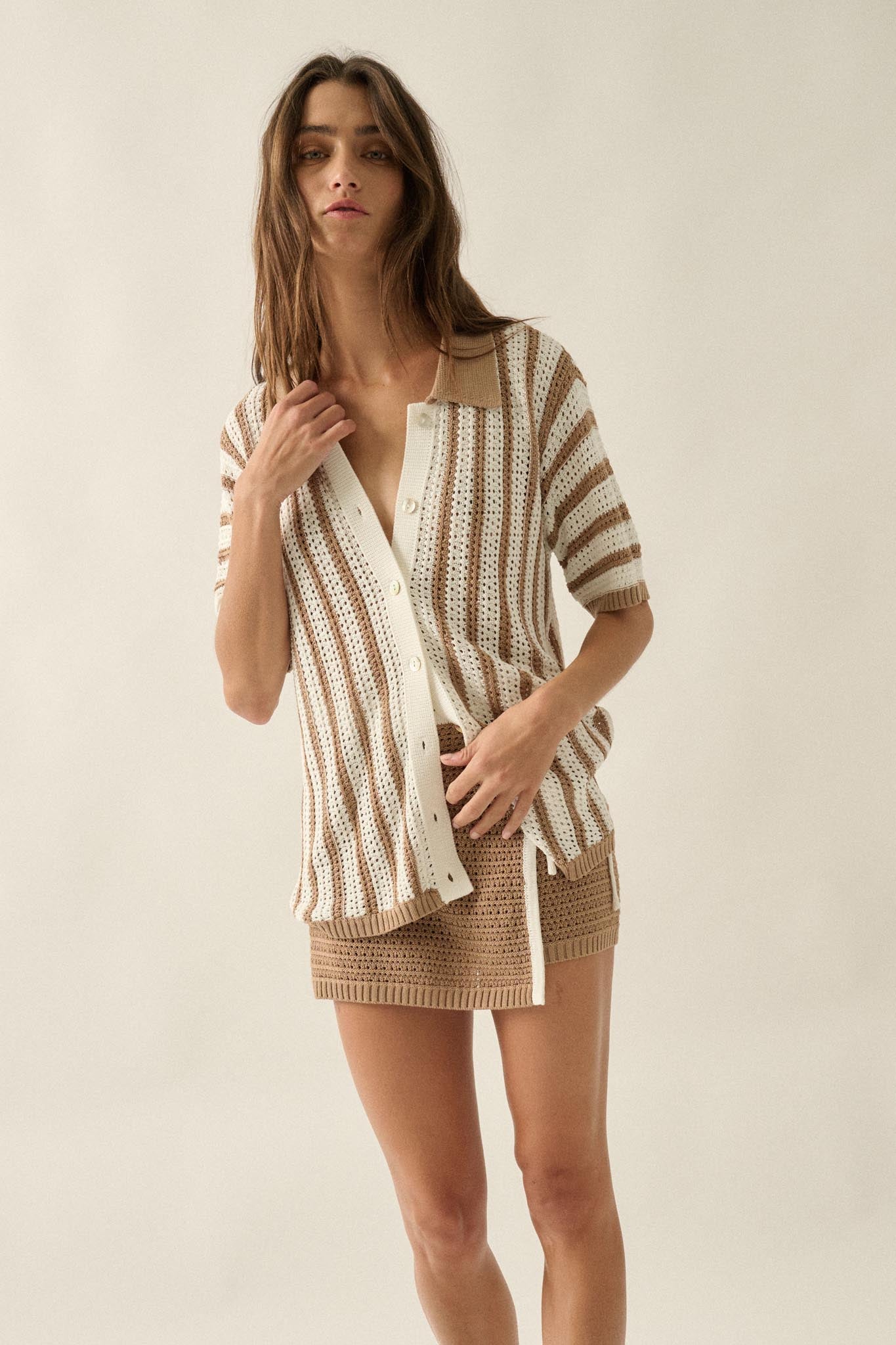 Day in the Sun Striped Crochet-Knit Camp Shirt