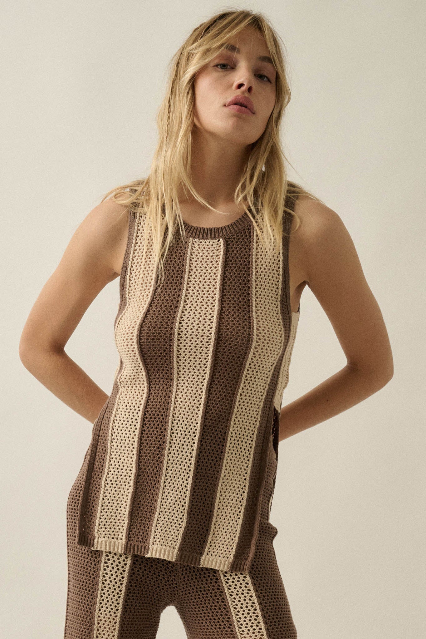 Sooner or Later Striped Crochet-Knit Tunic Tank Top