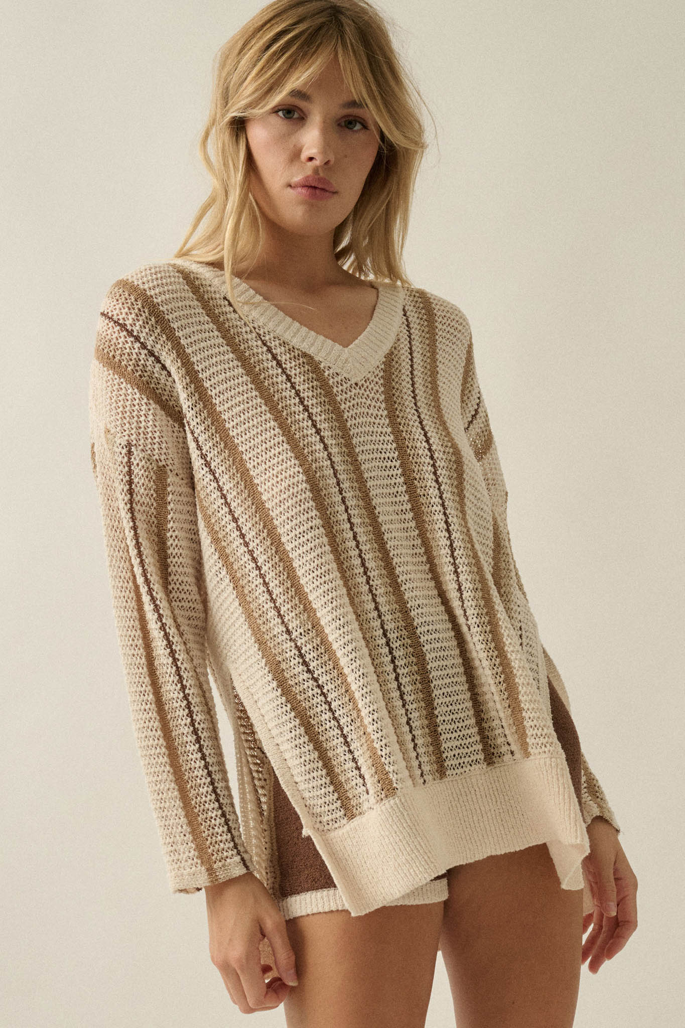 Low Tide Striped Crochet-Knit Oversize Sweater