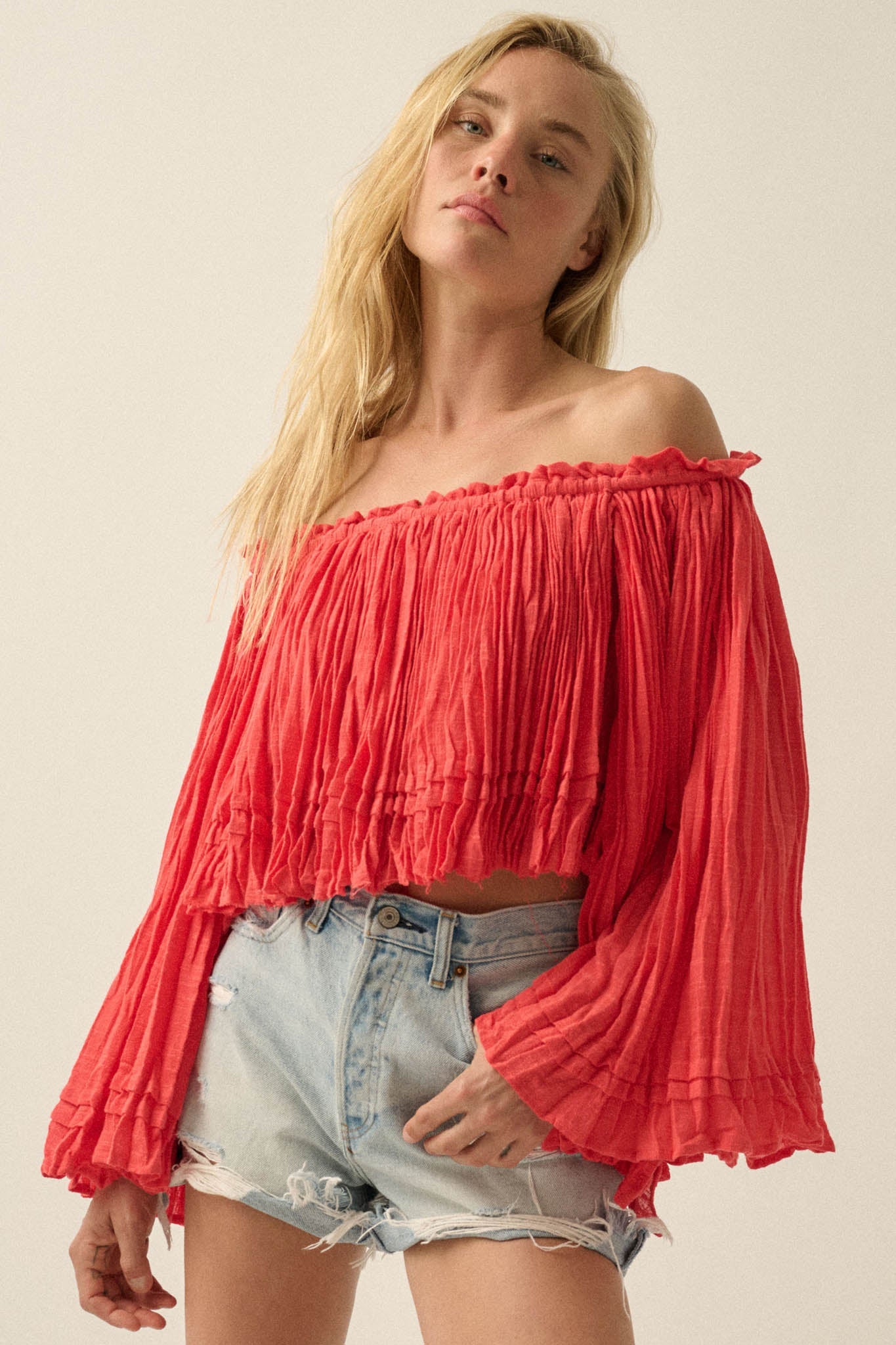 Flying Free Cotton Gauze Off-Shoulder Angel-Sleeve Top